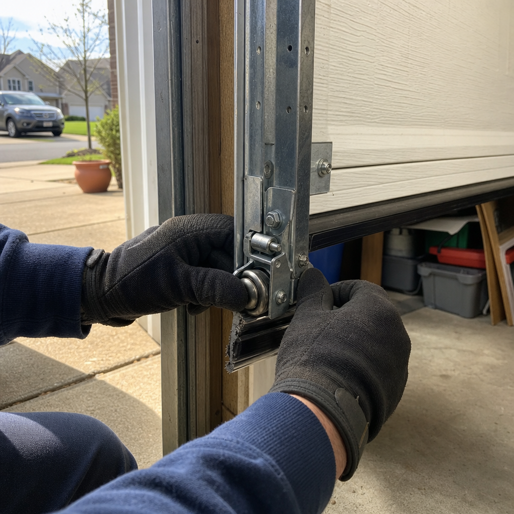 Technician performing emergency garage door roller repair and maintenance in Lakeside, VA