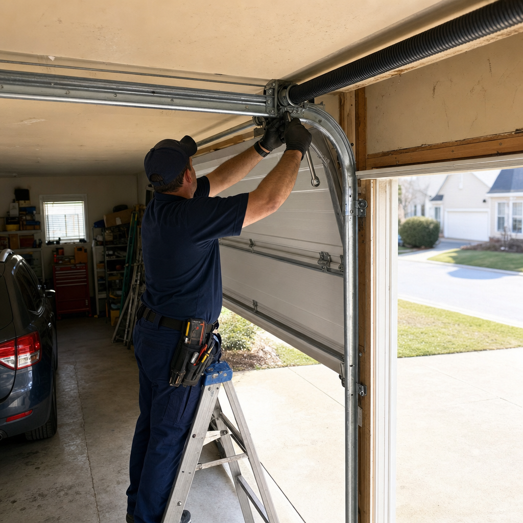 Technician performing emergency garage door repair services in Laurel, VA