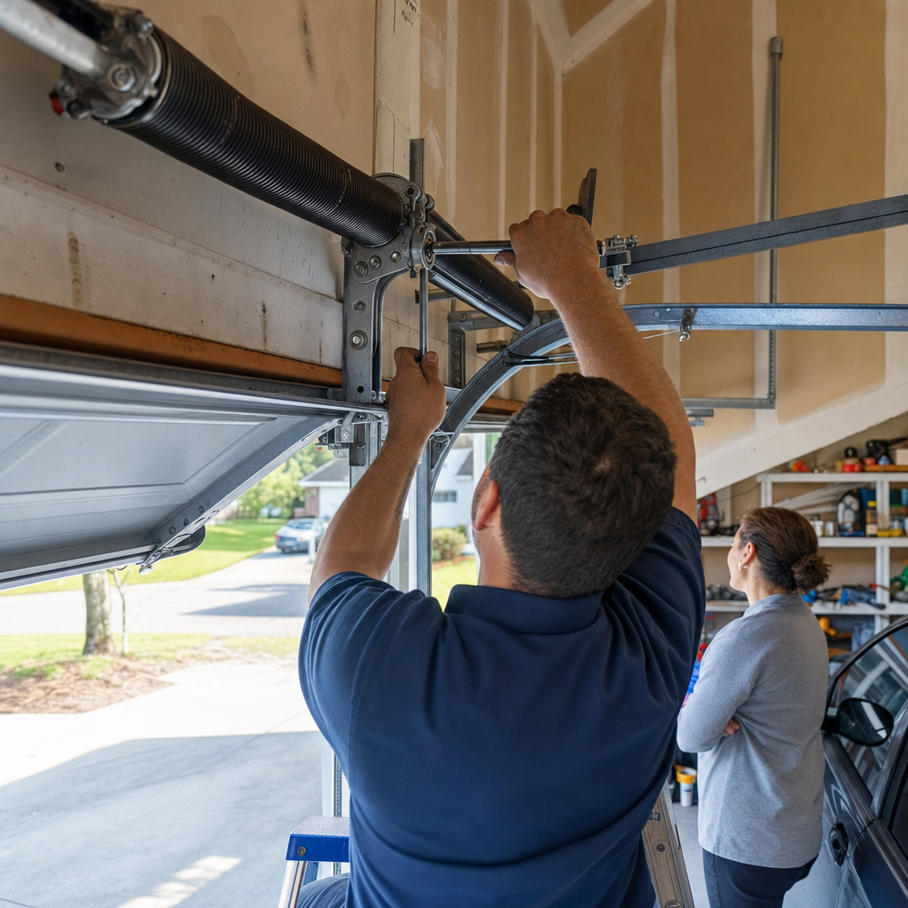 Technician performing professional garage door spring repair and maintenance service in Virginia, VA