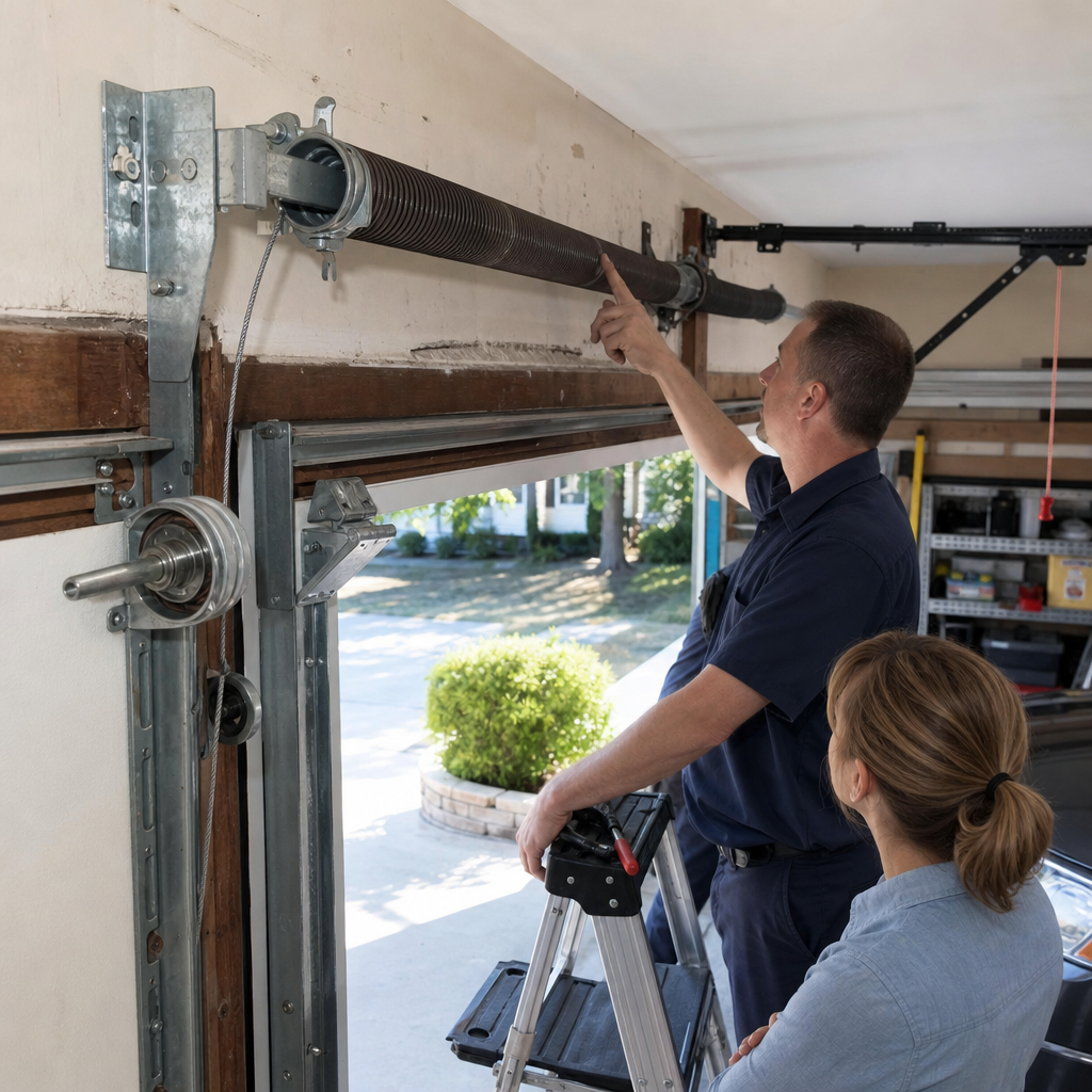 Garage door technician inspecting a torsion spring with a homeowner in Virginia, VA