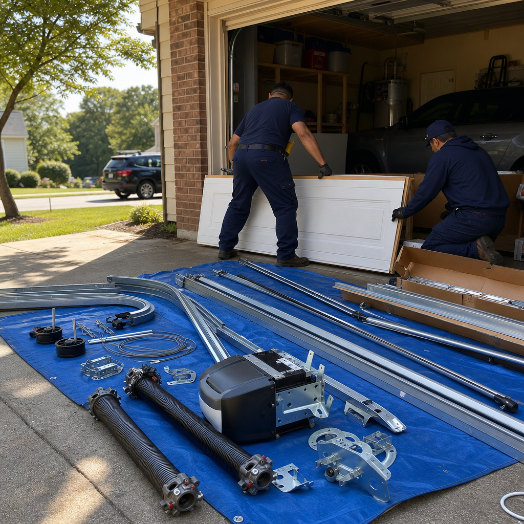 Two professional technicians installing a new residential garage door in Chesapeake, VA