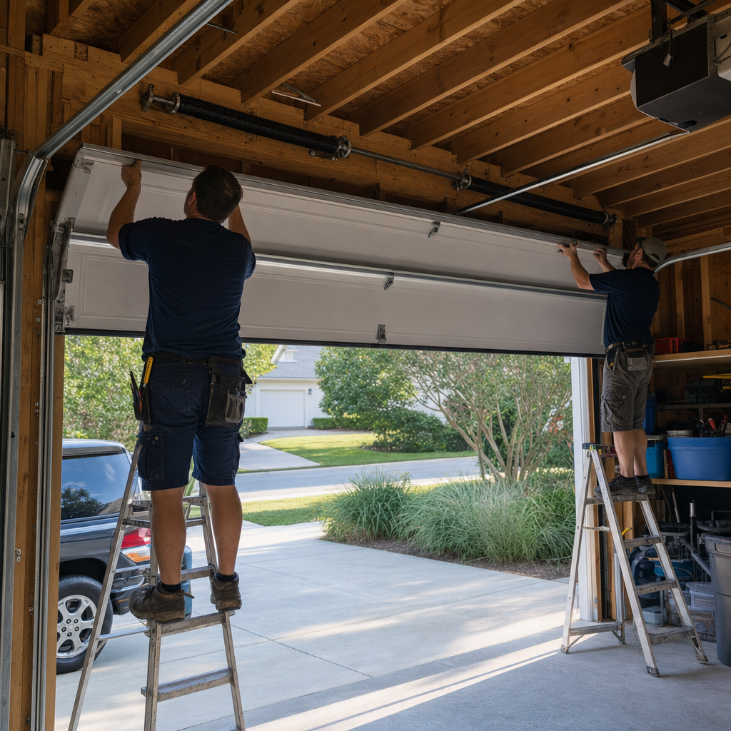 Two professional technicians installing a new residential garage door in Hampton, VA