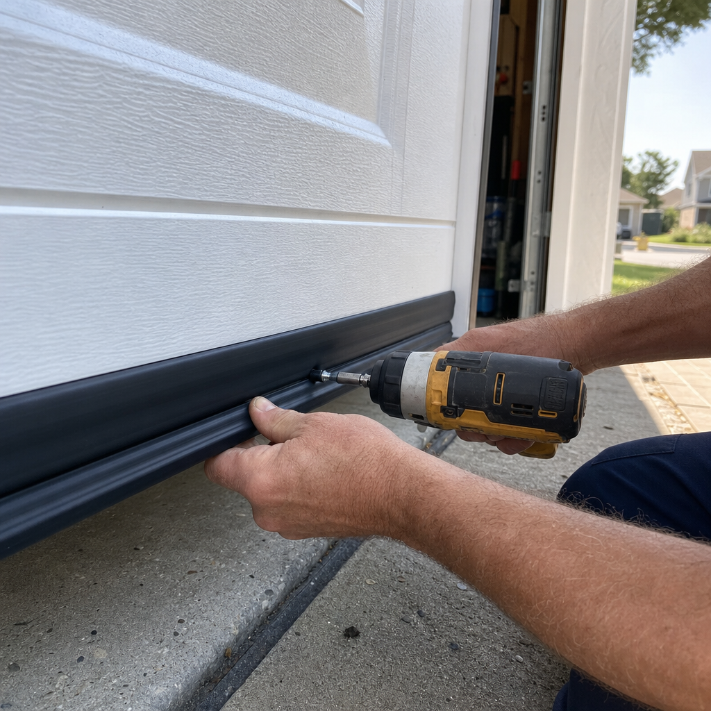 Technician installing rubber weather seal on garage door