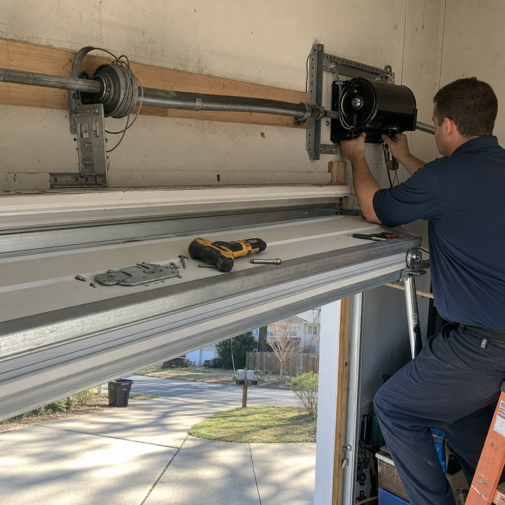 Technician performing professional garage door opener installation in Brandermill, VA