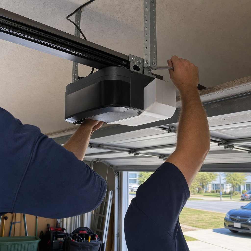 Technician using a wrench to repair a garage door opener motor
