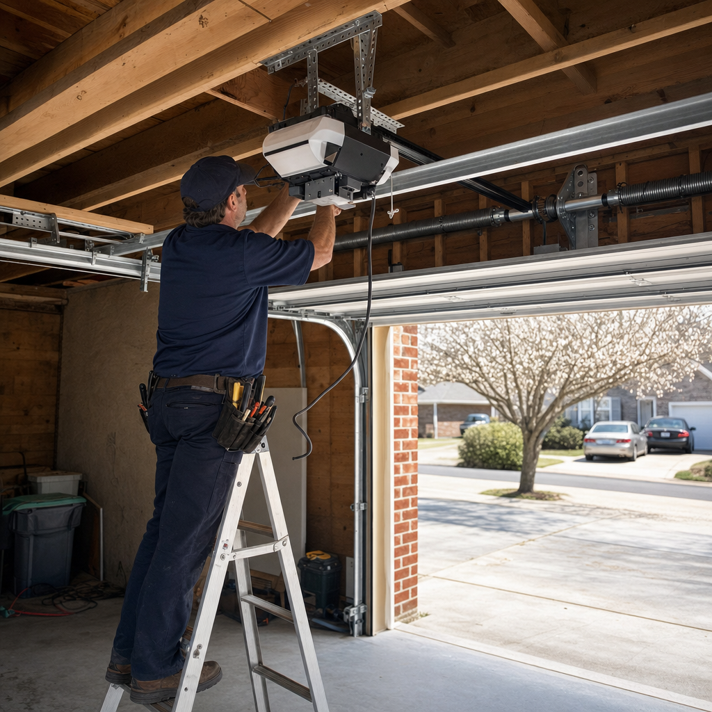 Professional technician installing a residential garage door opener