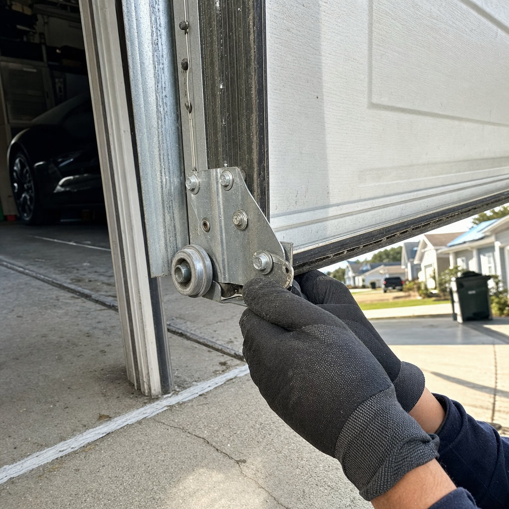 Professional technician repairing a garage door roller assembly in Virginia, VA