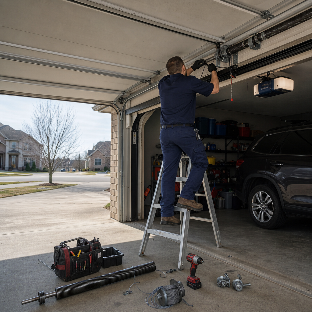 Technician performing professional garage door spring repair and maintenance in Short Pump, VA