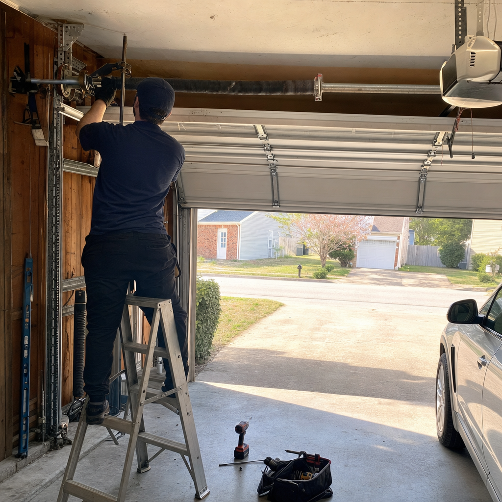 Technician performing professional garage door spring repair and maintenance in Gloucester Point, VA