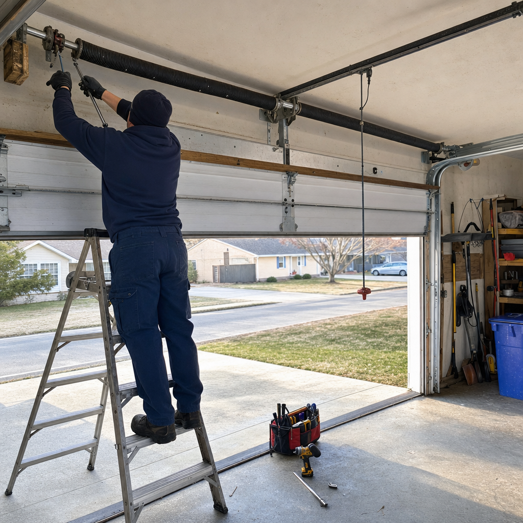 Professional technician performing residential garage door spring repair in Dumbarton, VA