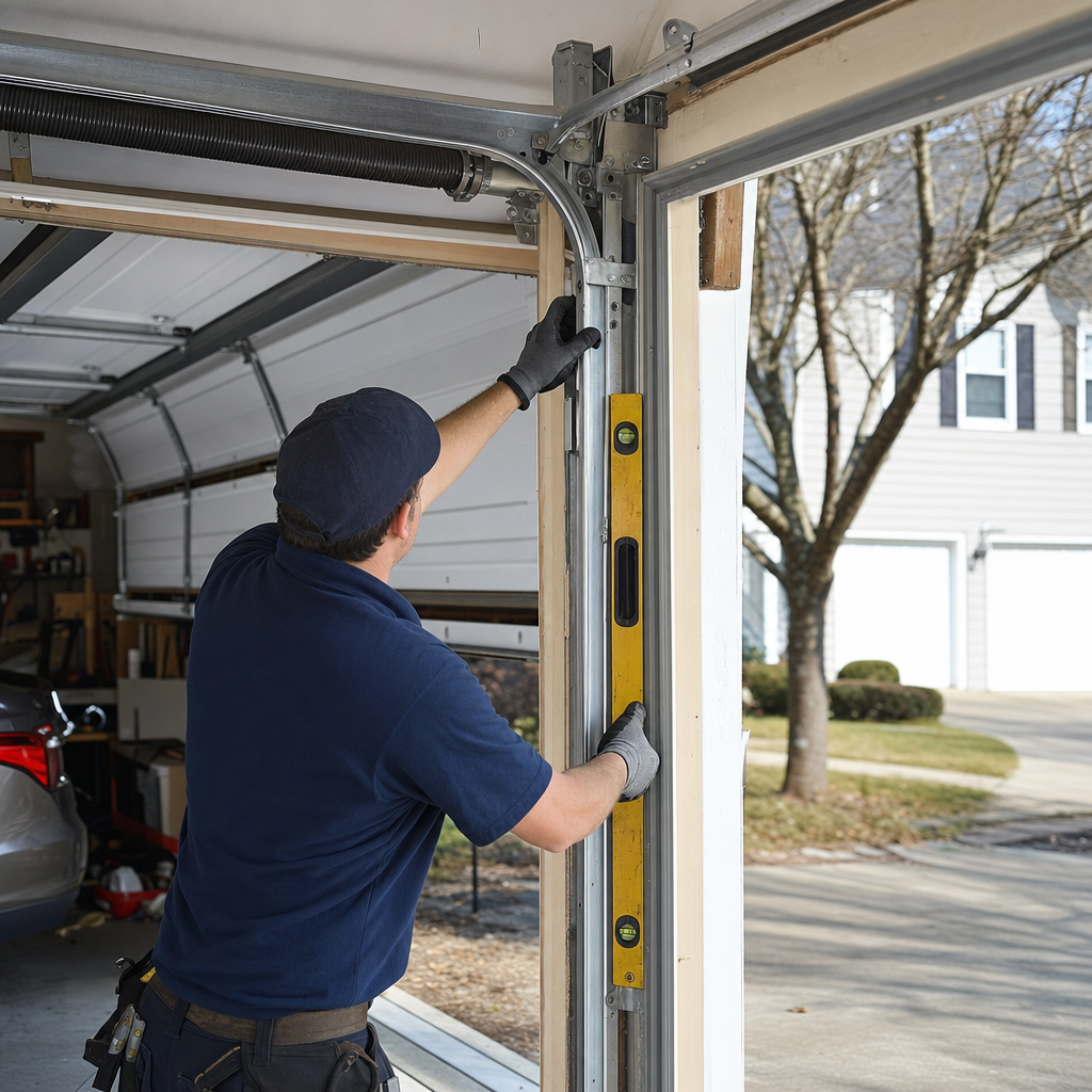 Technician using a level to repair a garage door track in Meadowbrook, VA